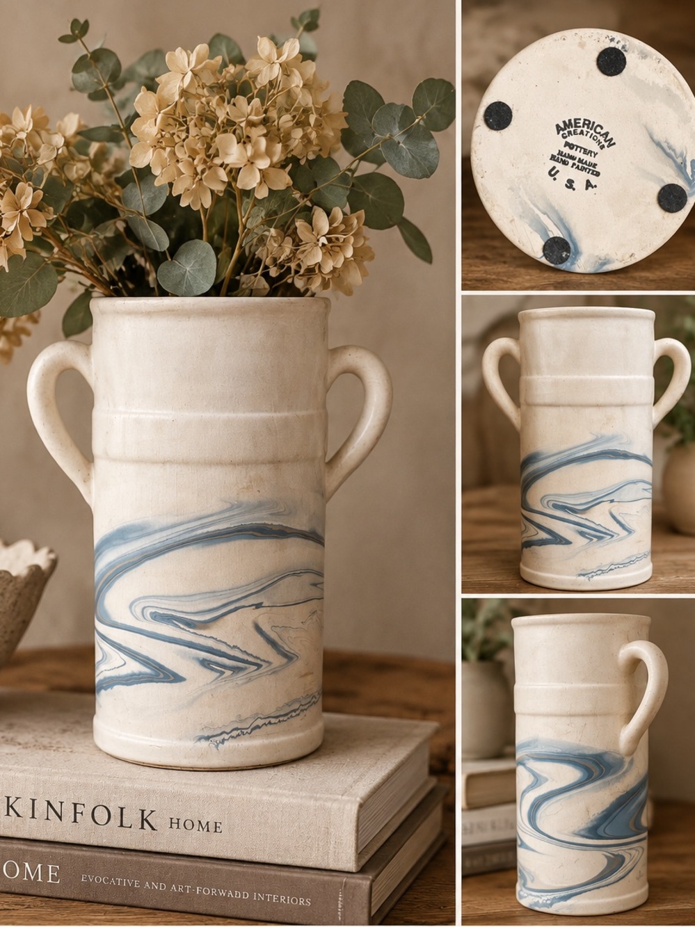 Vintage American Creations Pottery Blue White Marbled Double Handle Vase USA